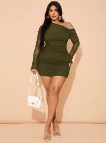 SHEIN BAE Đầm lưới ôm sát dài tay màu đen bất đối xứng vai dành cho nữ cỡ lớn, gợi cảm, thích hợp mặc hàng ngày, đi chơi, hẹn hò, tiệc trà chiều, kỳ nghỉ, mùa xuân/thu, đi học, đi làm/ Đầm màu xanh ô liu cỡ lớn/ Đầm lưới cỡ lớn/ Đầm xếp ly màu xanh ô liu, đầm dự đám cưới cho nữ, quần áo mùa thu cho nữ, ngày lễ tình nhân, trang phục Valentine cho nữ - xanh quân đội - Xem 4