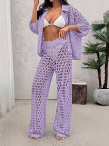 EURMUSE Women Hollow Out Cut Out Button Front Knit Shirt Top And Sweater Pant 2pcs Set Co-Ords Cover Up Beach Set - Lilac Purple - View 5