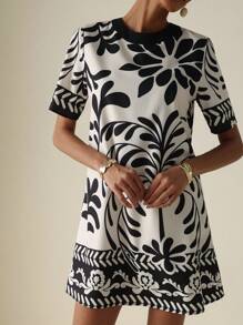 Vesra Printed Round Neck Short Sleeve Mini Summer Dress