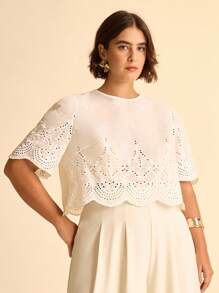 CAJUNI Áo kiểu nữ cỡ lớn dáng rộng, tay ngắn, thêu lỗ, thích hợp mặc đi nghỉ mát. - trắng - Xem 6