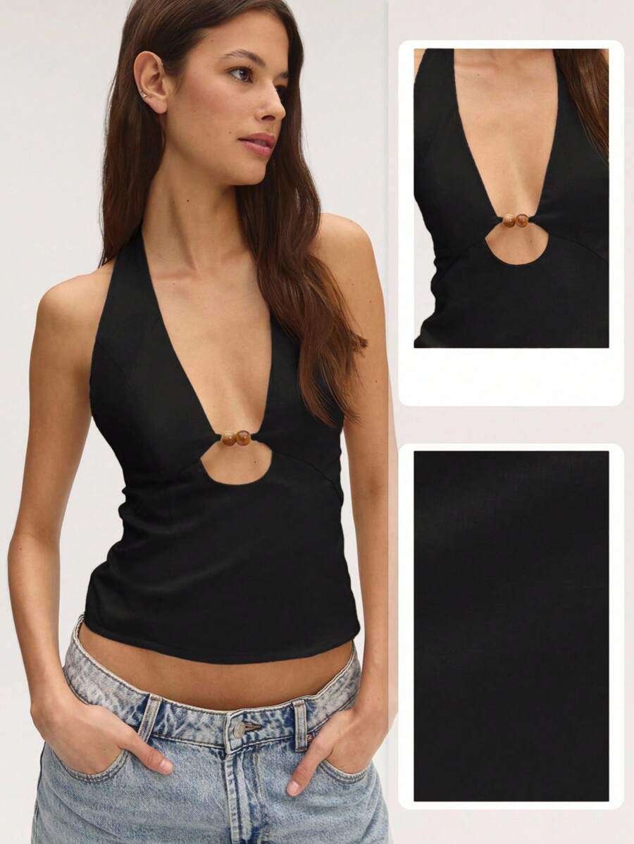 Nöista Natural Comfortable Halter Sleeveless Tank Top Front Decoration Is Perfect For Any Spring! - Black - View 1