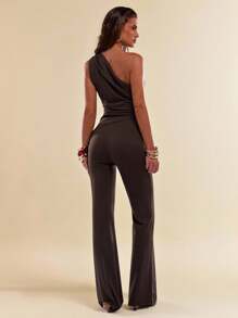 SHEIN BAE Women Solid Color Casual Off Shoulder Top & Pants Set - Coffee Brown - View 2