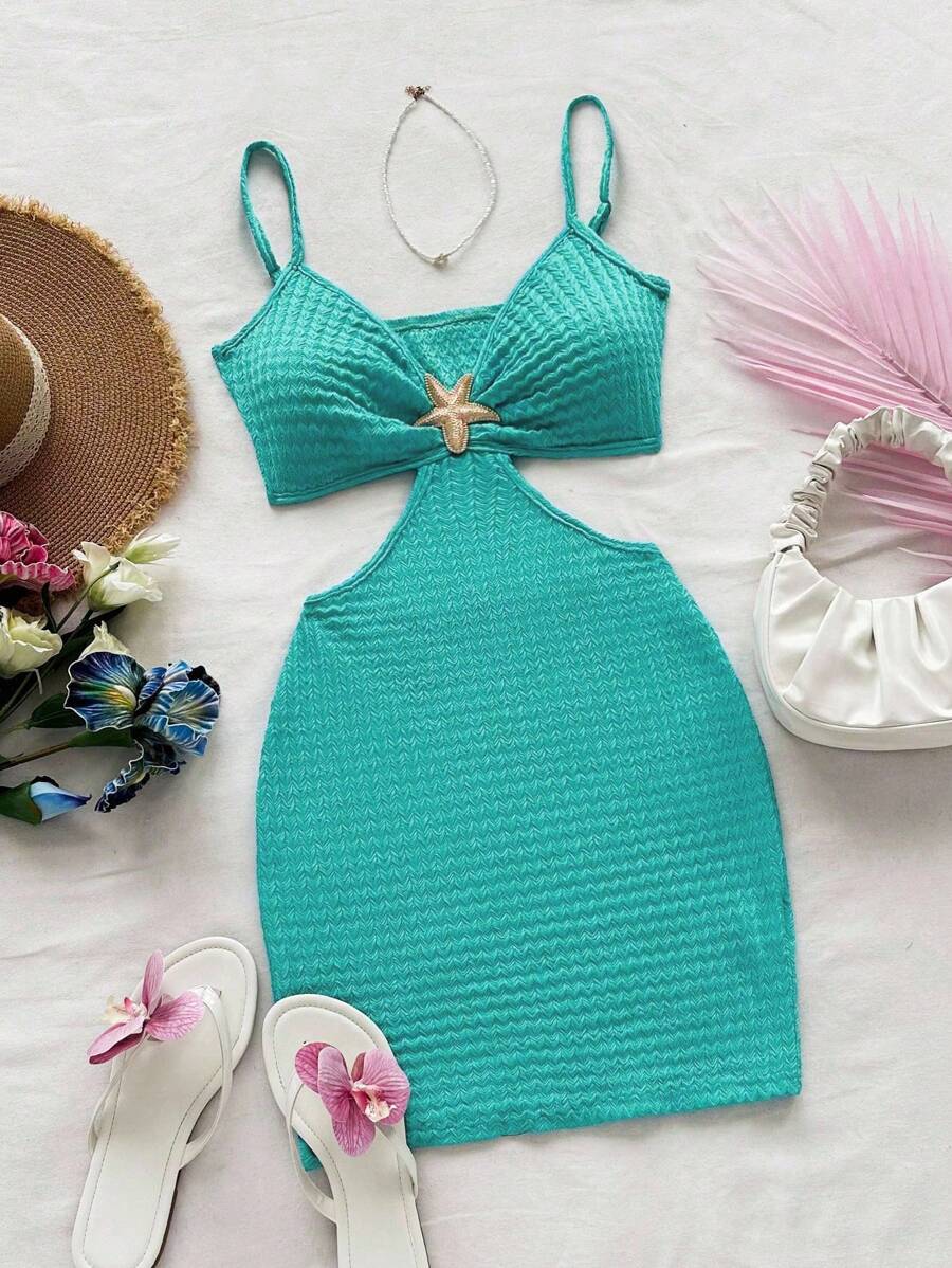 Soleia 性感镂空腰部吊带背心纹理面料女式迷你连衣裙，适合节日、约会、下午茶、度假、音乐节、波西米亚风、钩针编织、亚麻 - 藍色 - 查看 1