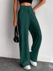 EURMUSE Petite Women's Solid Color Long Waist Drawstring Pants - Green - View 4