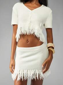 MISSGUIDED Summer Resort Fringe Hem Co Ord Set V Neck Crop Top Mini Skirt Festival Beach Vacation Holiday Two Piece Outfit Party Casual Knitwear