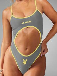Missguided x Playboy 镂空连体泳衣高腿设计 V 型前开式泳衣连体高开式泳装沙滩装夏季海滩度假泳池派对度假装露背设计 - 灰色 - 查看 3