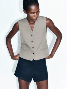 Maija Women's Solid Color V-Neck Single-Breasted Casual Vest Blazer Women Vest Vest Top Women Suit Vest,Fall Women Clothes - Khaki - View 6