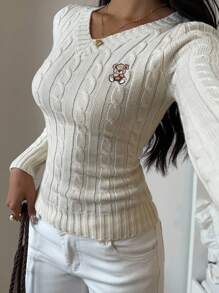 SHEIN EZwear Airport Fall Y2k 休闲卡通熊刺绣 V 领麻花针织修身毛衣 Y2k - 杏色 - 查看 4
