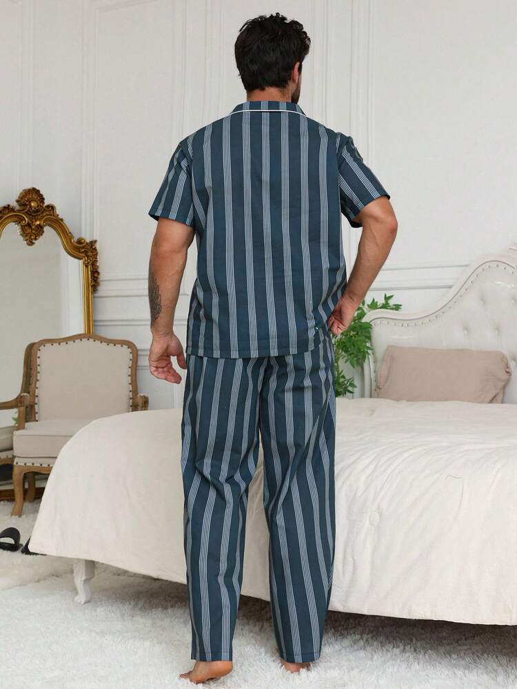 Striped Cartoon Embroidery Shirt + Pajama Set For Men, Spring/Summer Home Wear