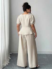 Elenzga Plus Size Fashionable Casual French Retro Elegant Commute Bowknot Puff Sleeve Blouse And Pants 2 Piece Set