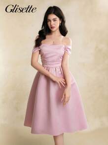 少女粉色露肩荷叶边优雅连衣裙 - 粉色 - 查看 6