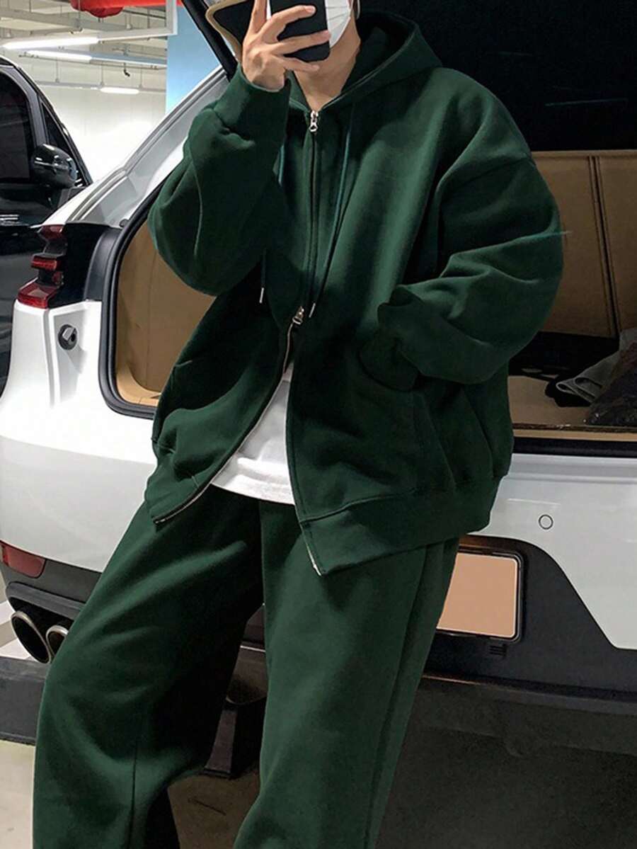 DAZY Men's Solid Green Color Hoodie Hooded Sweatshirt Set, For Autumn - Green - View 1