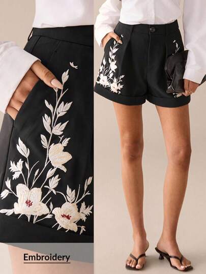 Lilora Women's Elegant Embroidered Commuter Shorts Urban Style Ladies Summer Embroidered Pocket Shorts Out And About Urban Leisure, Romantic And Elegant, Going Out;Women's Black Woven Casual Mini Shorts With Delicate Floral Embroidery