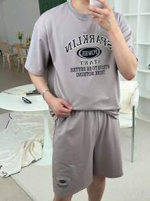 DAZY Bộ áo phông nam in chữ màu xám, mùa hè - Xám - Xem 3