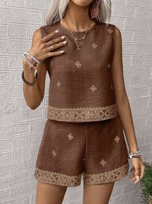 SHEIN LUNE 2pcs/Set Women Summer Floral Print Round Neck Sleeveless Shirt & Shorts Casual Set - Brown - View 5