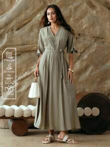SHEIN LUNE Women's Elegant Summer Olive Green Pleated Waist A-Line Maxi Dress,Holiday Tea Party Vacation Outfits,Old Money Style Modest Office Work Church Dress - Green - View 8