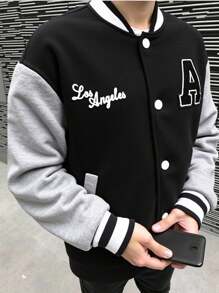 SHEIN Tween Boy 休闲运动字母图案棒球领宽松撞色夹克，适合通勤、上学、日常休闲、旅行、运动、秋冬 - 彩色 - 查看 5