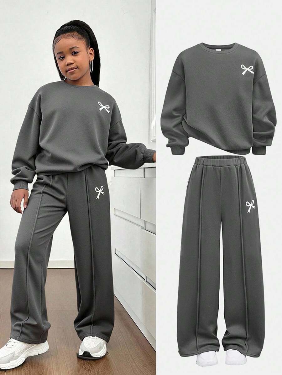 Tween Girls Casual Bow Print Knit Solid Color Loose Dropped Shoulder Long Sleeve Hoody And Wide Leg Sweatpants Set Teen Girls Clothing Sets Teen Sweatsuit Set Girls 2 Piece Outfits Tween Girls Sweatsuit Set Sweat Sets For Tweens Fall Winter - Grey - View 1