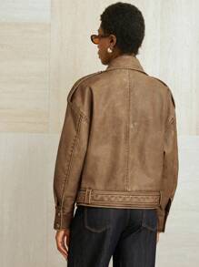 Aveloria Modichic Chaqueta de motociclista de mujer de piel sintética con cremallera metálica desgastada de moda