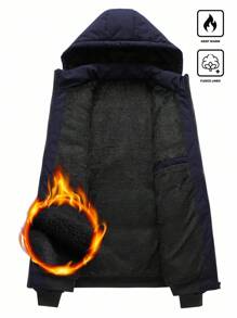 Manfinity Homme Men Long Sleeve Warm Navy Blue Outdoor Puffer Coat For Winter With Hooded Design , Warm, Men Outerwear , Fall - Navy Blue - View 3