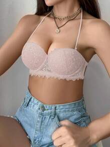 1pc Lace Back-Exposed Sports Lingerie Bra For Small Bust Women, Underwire, Gather, Non-Slip, Invisible Straps - Pink - View 5