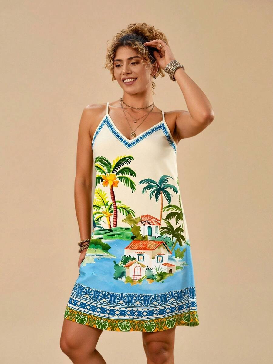 Travachic 大码女式V领花卉印花迷你梭织连衣裙，适合春夏季度假穿着，女士夏季服装，沙滩装，女士度假装，女士演唱会服装，波西米亚风格，女士热带度假装，女士夏季连衣裙，波西米亚风格度假连衣裙 - 彩色 - 查看 1