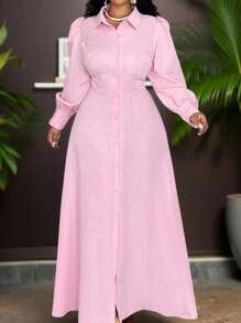 Veslaya Đầm dài dáng suông thanh lịch, màu trơn, tay cánh hoa, cài cúc phía trước, dành cho người có thân hình đầy đặn, thích hợp - Hồng - Xem 11