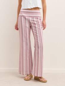 Nöista 条纹喇叭裤，腰部舒适弹力。无论是夏日、节日氛围，还是清爽的美式假日造型，都完美之选。柔软亚麻混纺面料。 - 淺粉色 - 查看 4