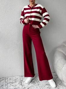 EURMUSE 2pcs Women Casual Everyday Cardigan And Pants Suit, Colorblock Striped,Loungewear Set,Petite,Winter Clothes - Burgundy - View 5