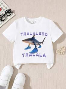 SHEIN Tween Boy Shark & Letter Print Round Neck Short Sleeve Casual T-Shirt Summer Holiday - White - View 3