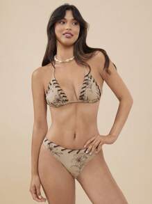 WESTFADE Floral Embroidered Mid Rise Lace Up Waist High Cut Leg Semi Cheeky Coverage Bikini Bottoms Summer Beach Vacation - Green - View 5