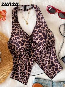 少女休闲露背挂脖豹纹背心，度假风格 - 彩色 - 查看 7