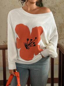 SHEIN VCAY Suéter con estampado floral de manga de bata de talla grande, informal para primavera y otoño, suéter de otoño, suéter, jersey para mujer, suéter floral Y2k 2000s, blusas lindas para salir, blusas gráficas de otoño para mujer, de talla grande, de otoño e invierno para mujer, de vuelta al colegio, casual de negocios, vintage de campo, grunge, básico, cumpleaños para mujer, salida nocturna, maestro para mujer - Beis - Ver 5