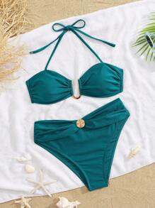 Swim Chiccia Quần yếm cạp cao vải nhẹ màu xanh nhạt cho lễ hội âm nhạc bãi biển mùa hè dành cho nữ Bộ bikini thanh lịch theo phong cách nghỉ dưỡng - Màu xanh ngọc - Xem 4