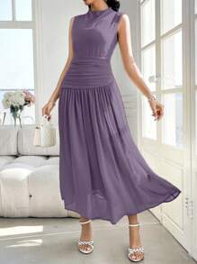 Modelyn Women's Design Sense High Neck Sleeveless Ruched Dress - Purple - View 3