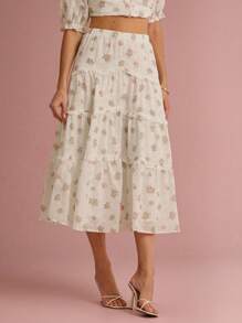 Enchnt Women's White Flower Floral Embroidered&Print Multi-Layered Ruffle Hem Long Skirt,Sweet Boho Summer Holiday Picnic Vacation Party Skirts - Multicolor - View 2