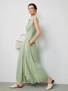 Uhlyne 女式优雅领口系带纽扣喇叭下摆口袋荷叶边下摆长款连衣裙，夏季 - 灰綠 - 查看 6