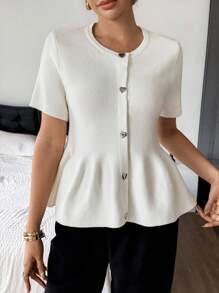 SHEIN Frenchy Women White Elegant Summer Brunch Short Sleeve Ribbed Knit Cardigan,Heart Metallic Button Closure,Round Neck Solid A-Line Hem Minimalist Office Top - Apricot - View 3