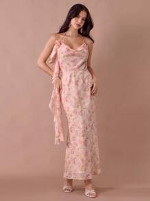 Enchnt Vestido largo de sirena con cuello de capucha, tirantes de espagueti, espalda descubierta y decoración de volantes con estampado floral rosa coral para mujer, para verano/otoño - Multicolor - Ver 1