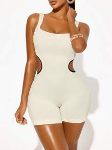 Sirith Seamless Solid Color Hollow-Out Waist Contrast Color Tight Jumpsuit - Beige - View 1