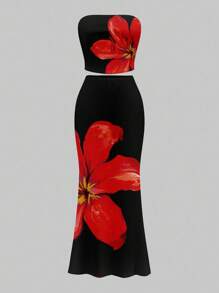 Slaydiva 女式休闲花卉图案简约短款吊带背心和长款紧身裙套装，夏季