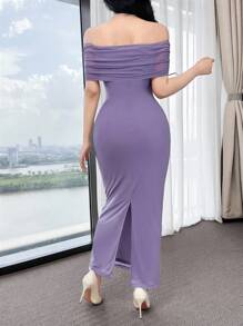 Feyla 女士纯色荷叶边露肩修身优雅连衣裙