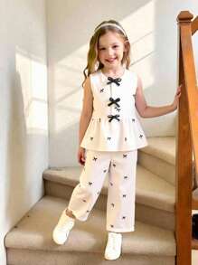 女童休闲蝴蝶结印花无袖上衣和长裤两件套，适合上学、旅行、夏季男童两件套女童服装儿童时尚服装年轻女童服装夏季套装儿童时尚服装 - 彩色 - 查看 1