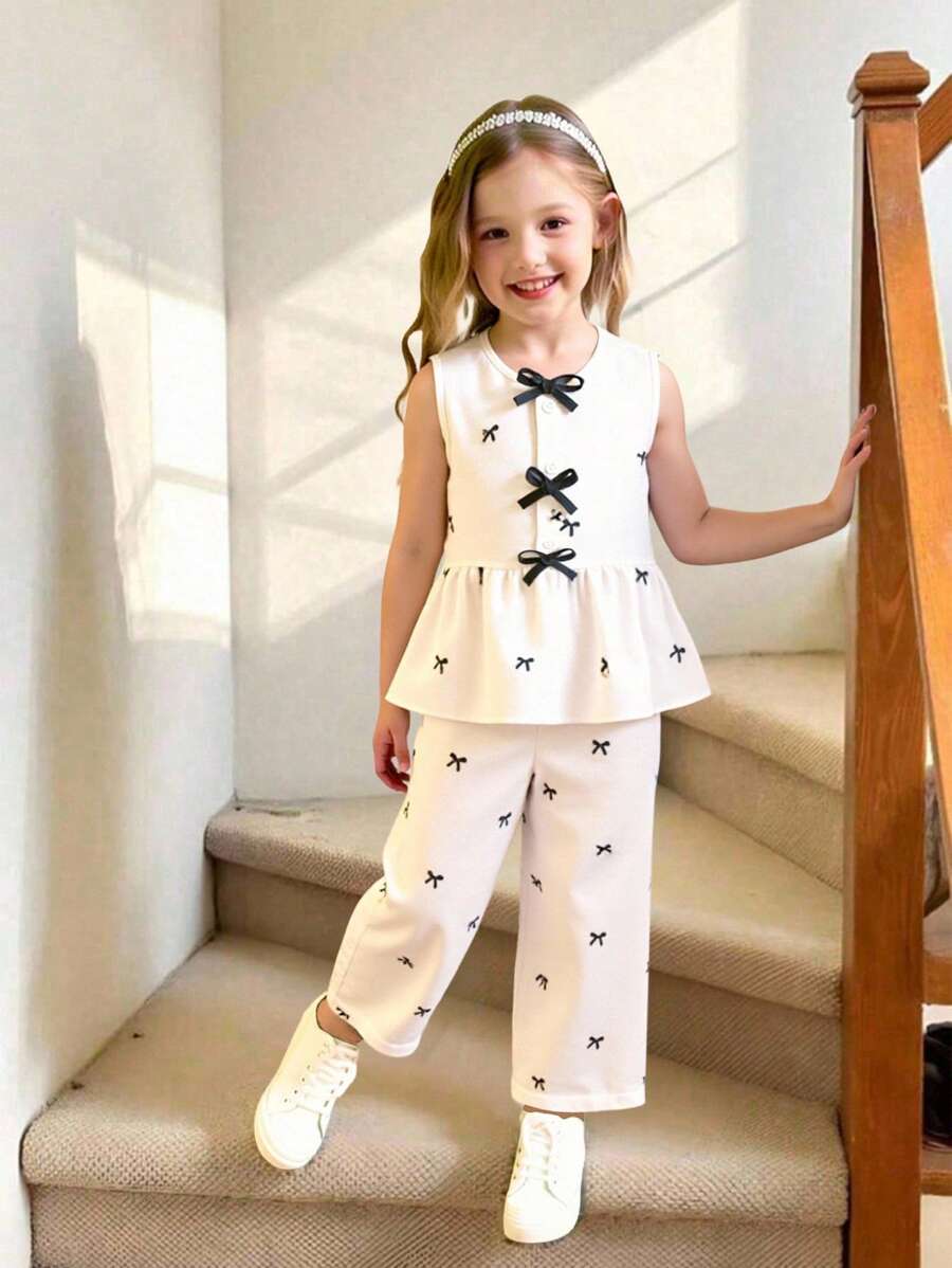女童休闲蝴蝶结印花无袖上衣和长裤两件套，适合上学、旅行、夏季男童两件套女童服装儿童时尚服装年轻女童服装夏季套装儿童时尚服装 - 彩色 - 查看 1