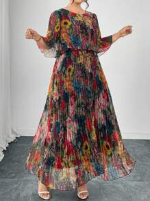 Reflora 大码女士夏装，优雅百褶雪纺连衣裙，透明半袖长裙，飘逸华丽的夏季服装 - 彩色 - 查看 3