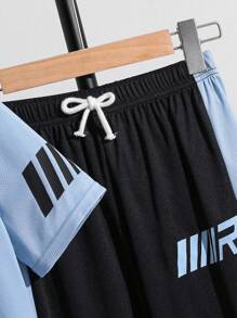 SHEIN 2-Pack Tween Boy Casual Light Blue Sports Set,Summer Streetwear Back-To-School Outfit With Pattern Splicing T-Shirt And Trousers For School Kids - Blue - View 8