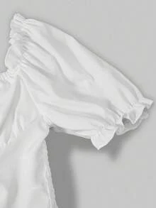 2 件套青少年女孩可变式露肩泡泡袖上衣和蝴蝶纹理长裙套装，适合外出和度假 - 白色 - 查看 6