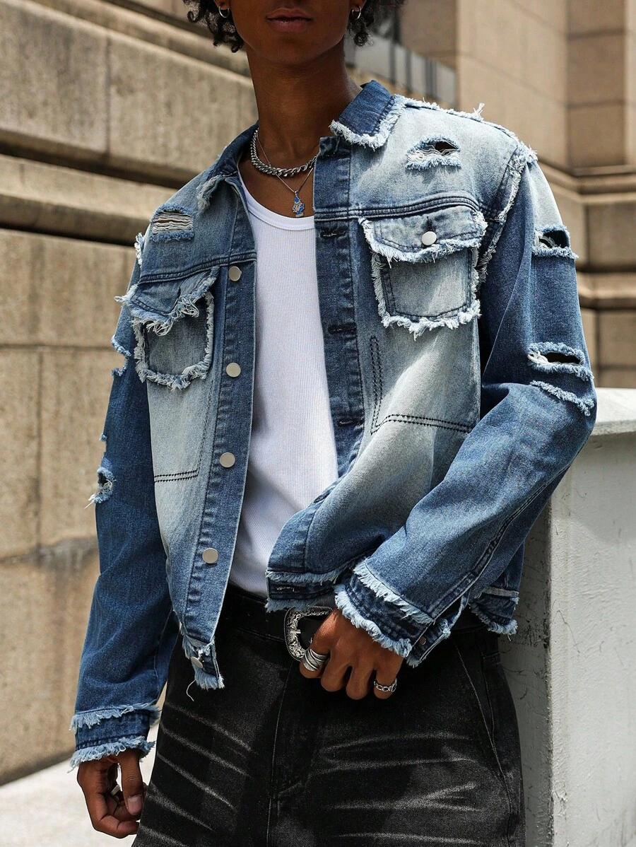 PAVTROS Áo khoác denim rách màu xanh nhạt rách rưới dáng ôm vừa vặn dành cho nam, phong cách đường phố thường ngày, áo khoác grunge, áo khoác denim rách dành cho nam, phong cách Emo - Rửa trung bình - Xem 1