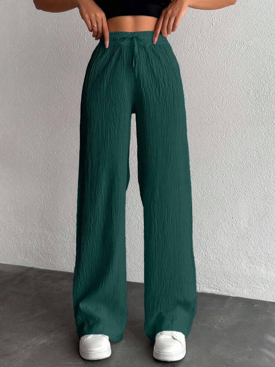 EURMUSE Petite Women's Solid Color Long Waist Drawstring Pants - Green - View 1