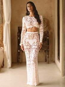 Swim Chiccia 女式波西米亚风蕾丝边罩衫和裙子两件套，长袖，优雅休闲，适合春夏海滩度假派对，象牙色，全白派对装 - 白色 - 查看 5